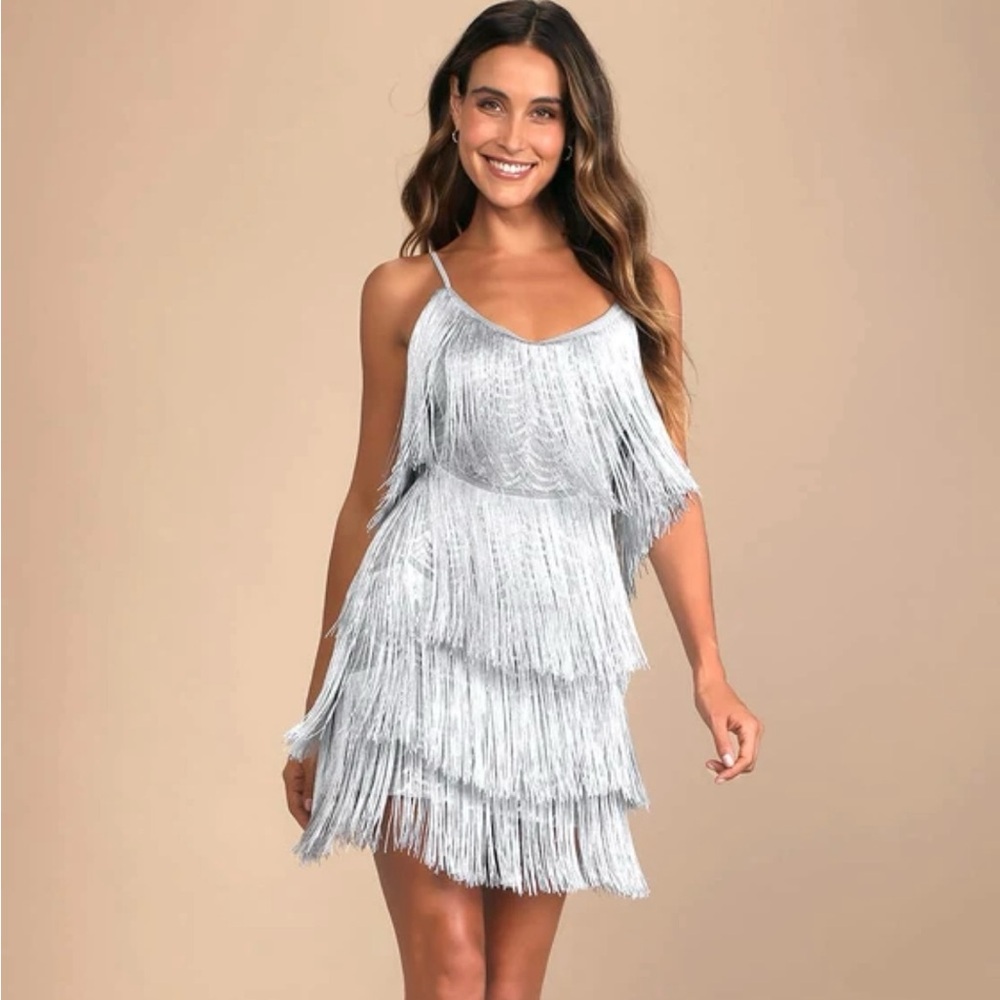 Get in the Groove Silver Sequin Fringe Bodycon Dress